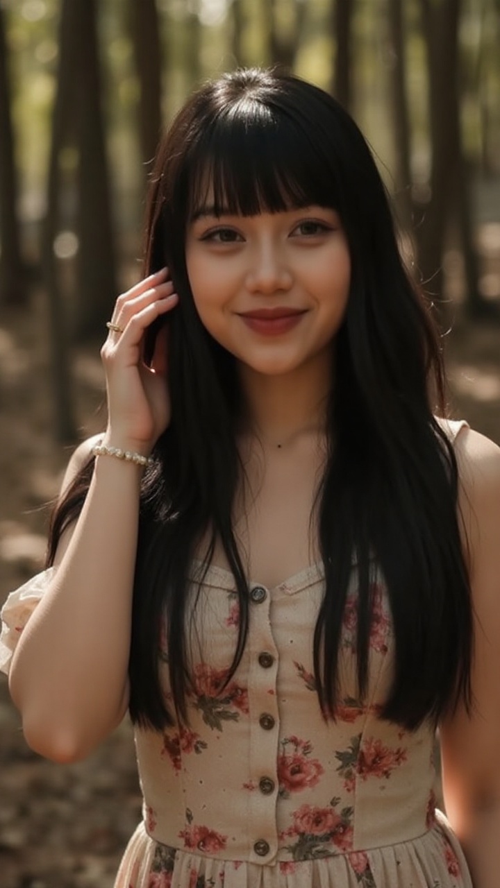 A young woman with long black hair stands in a sunlit forest,  wearing a light floral dress. The soft breeze lifts a few s...