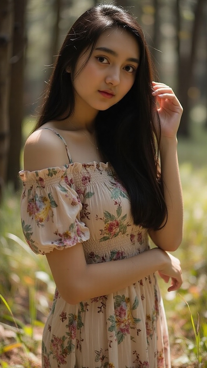 A young woman with long black hair stands in a sunlit forest,  wearing a light floral dress. The soft breeze lifts a few s...
