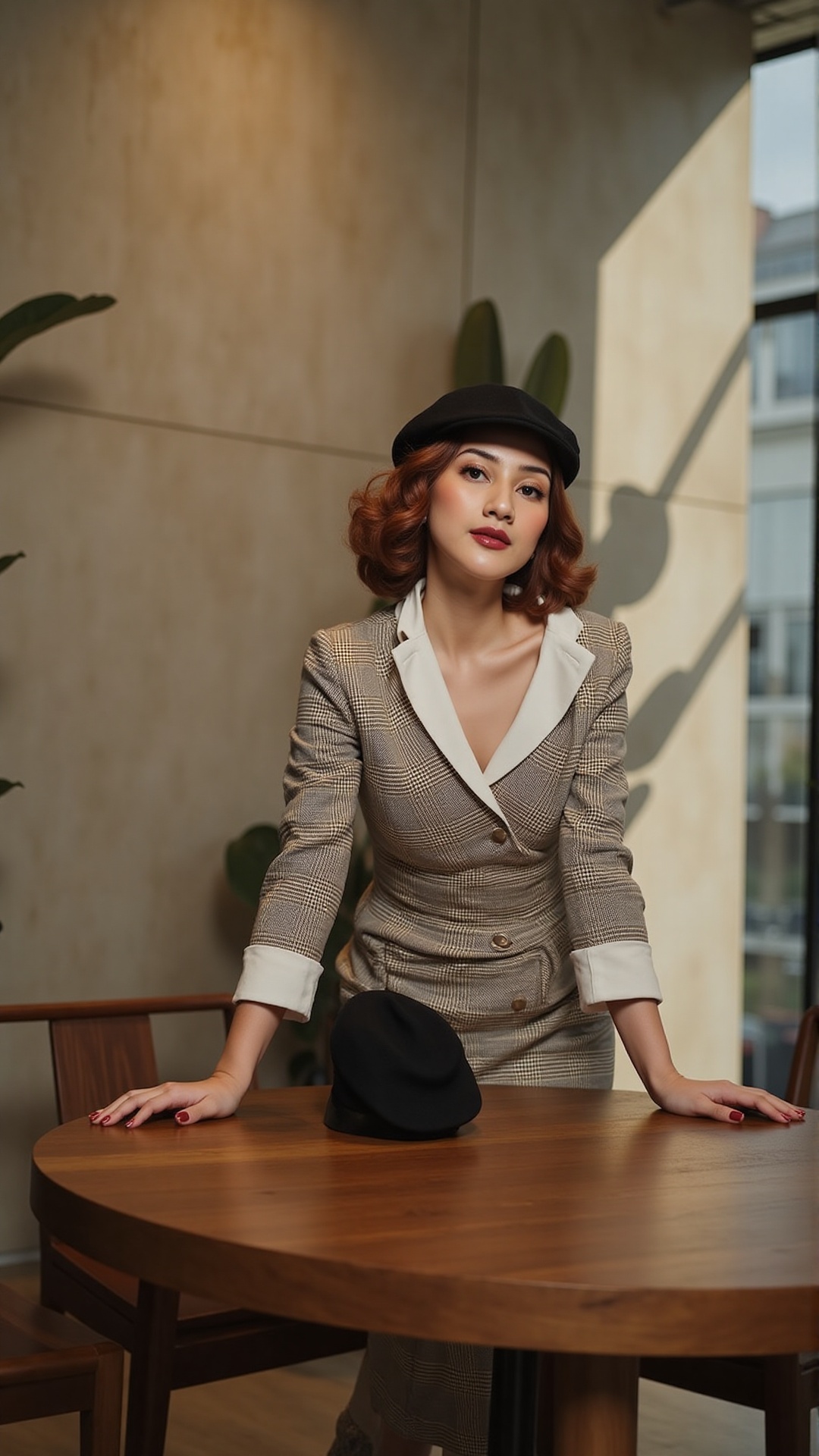 A highly detailed and realistic photo of a stylish young woman with fair skin and short,  wavy auburn hair,  leaning elega...