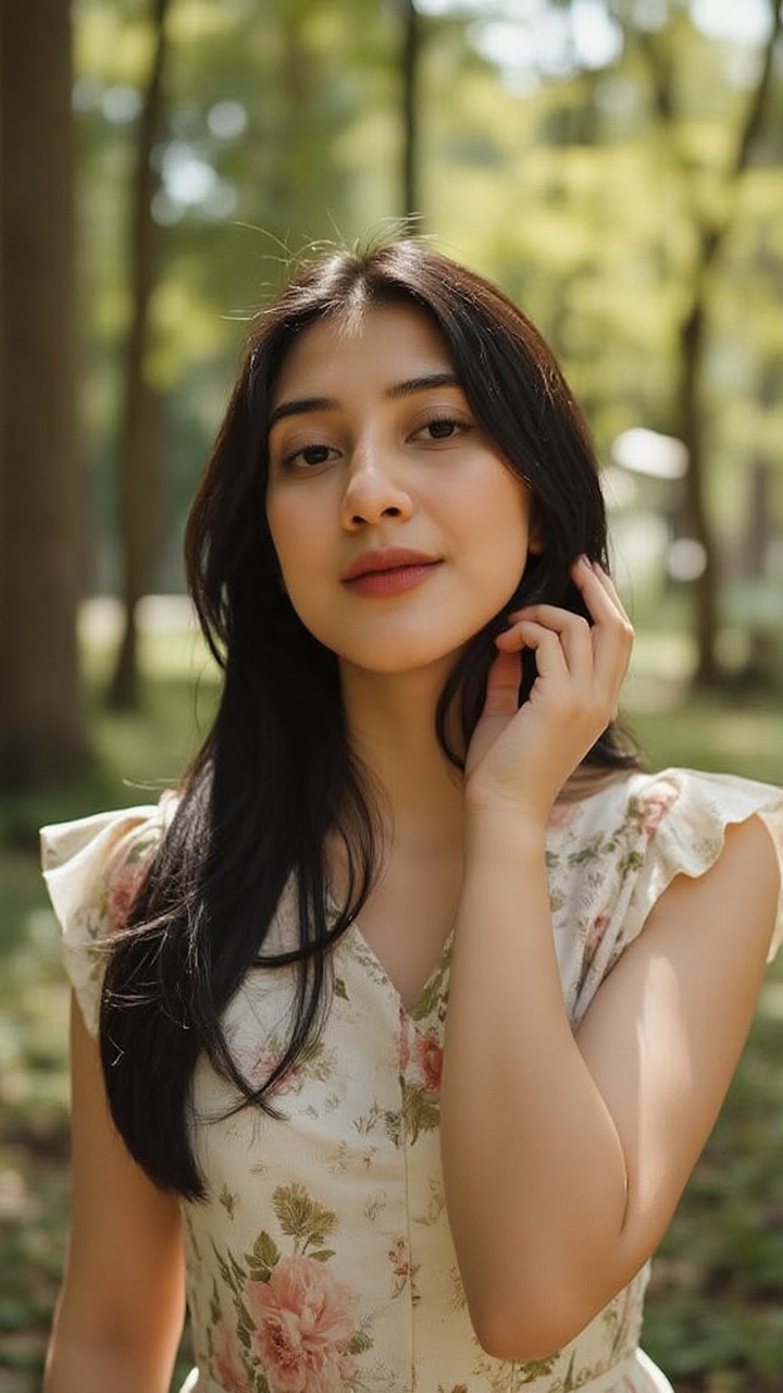 A young woman with long black hair stands in a sunlit forest,  wearing a light floral dress. The soft breeze lifts a few s...