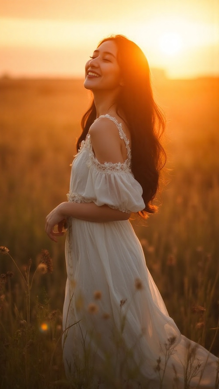 A long-haired woman stands in a grassy field at sunset. Her flowing dress flutters in the wind as she closes her eyes and...