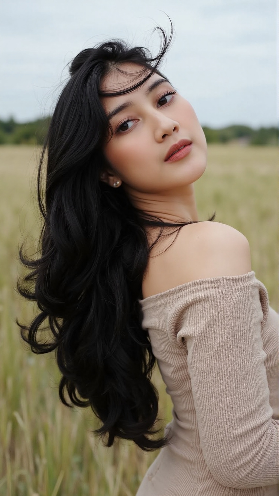 A long-haired woman with deep black hair poses elegantly in an open field,  her eyes meeting the camera with a serene expr...