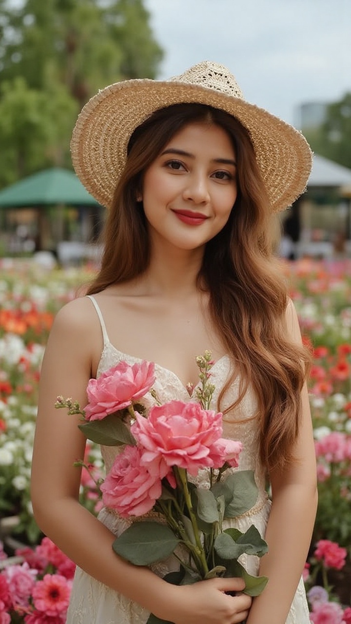 A woman with long,  wavy hair poses in the middle of a colorful flower garden. Wearing a straw hat and a vintage dress,  s...