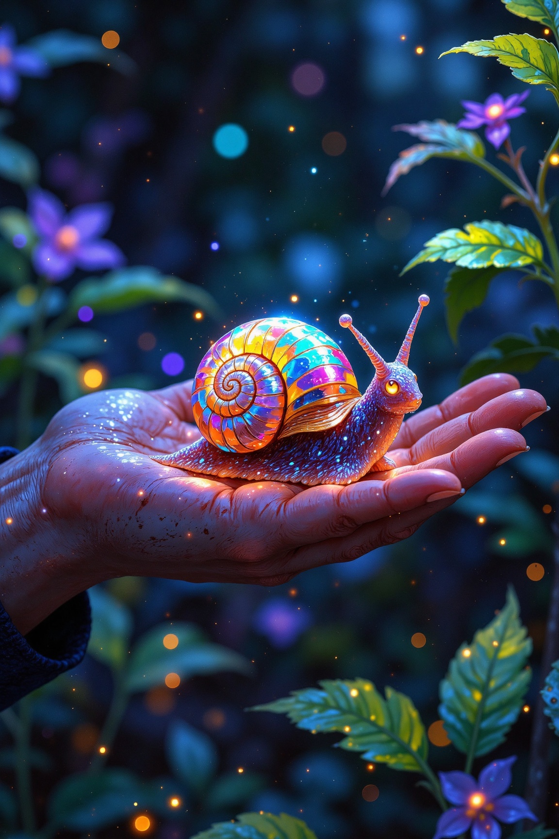 A tiny alien snail,  its shell made of prismatic,  ever-shifting crystal that reflects the light in dazzling colors. Its a...