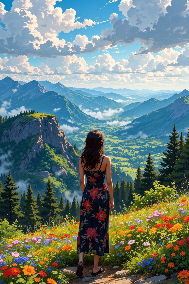 A woman standing admiring the panoramic view of a vast landscape below from a high point on a mountain,  colorful flowers,...