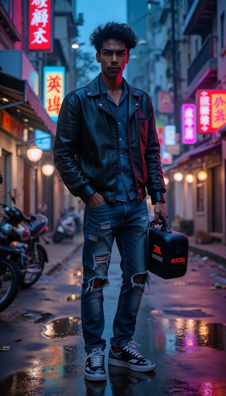 FluxCinematic: A modern gang leader,  inspired by Sun Wukong (the Monkey King),  stands confidently on a gritty urban stre...