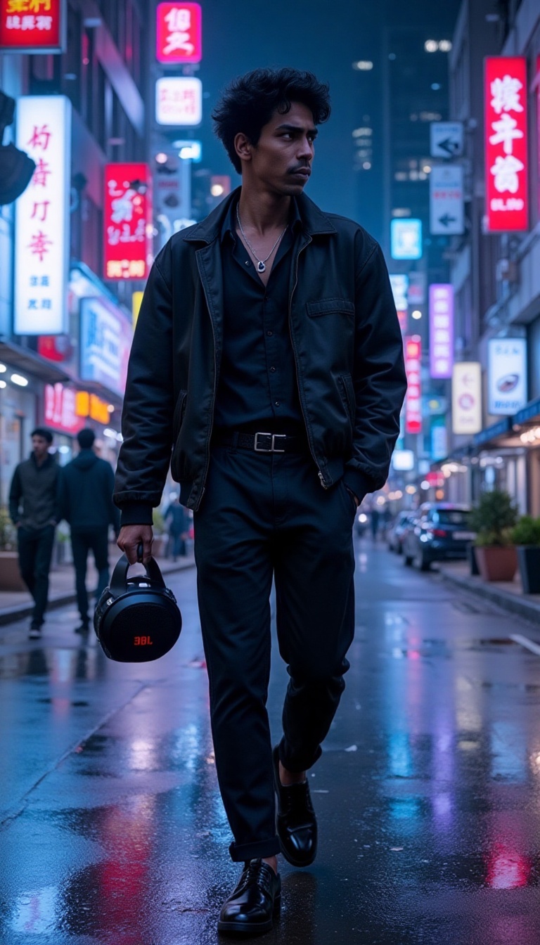 A highly detailed,  photorealistic 20-year-old young man walking through a neon-lit city at night,  wearing an elegant and...