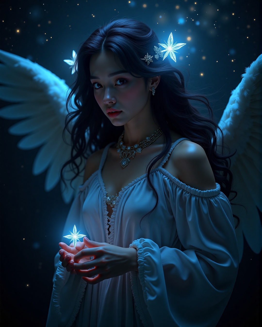 In a velvety darkness,  an exquisite angel radiates beauty,  surrounded by a soft on Tensor.Art