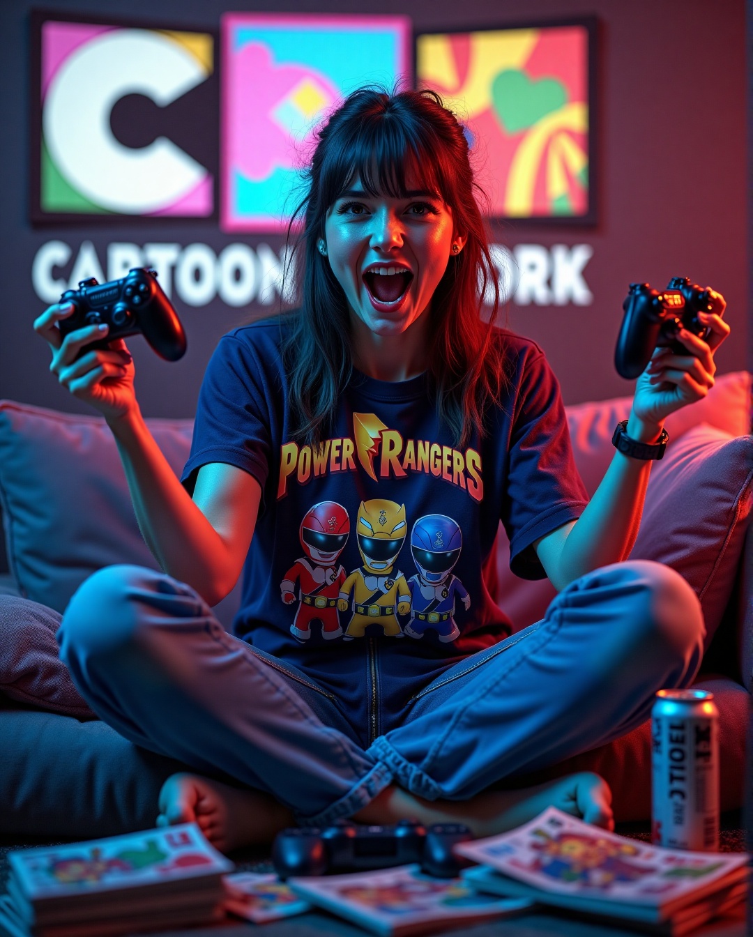 A hyper-enthusiastic gamer sits cross-legged on a plush couch,  surrounded by stacks of gaming magazines and empty energy...