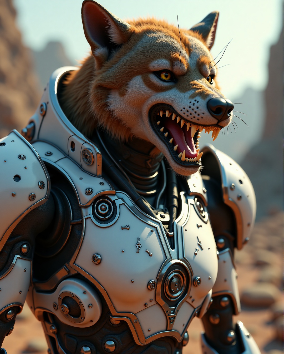 A close-up shot of an enraged brown wolf robot mecha soldier,  its anthropomorphic features contorted in a fierce snarl. T...