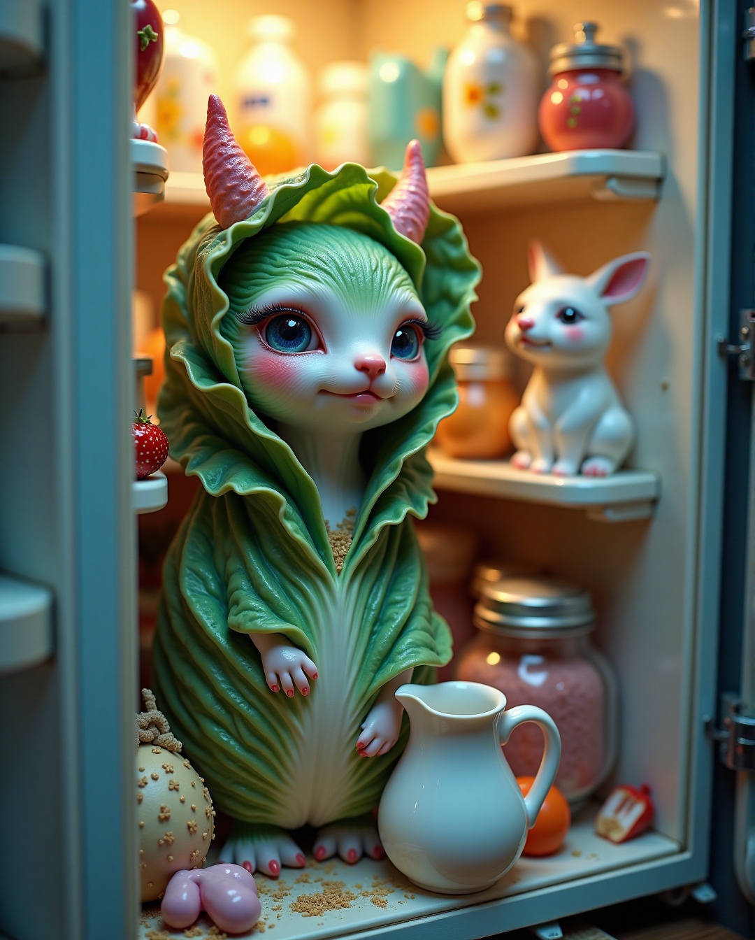 A fantasy realm unfolds as a refrigerator door swings open,  revealing a chaotic interior. Amidst the disarray,  two adora...