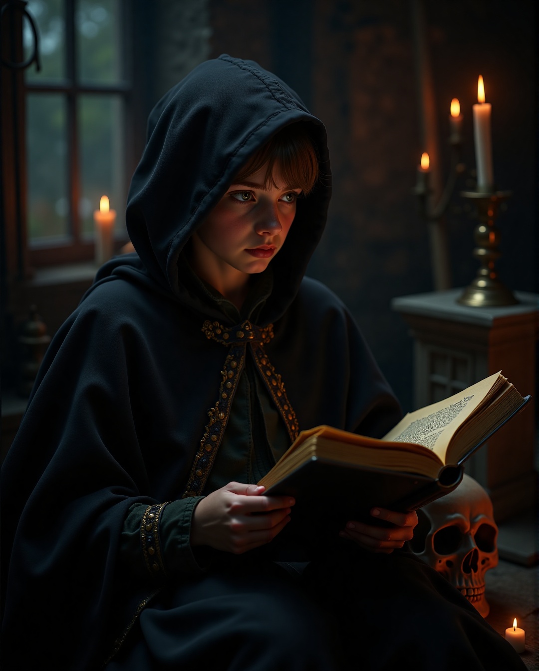 A dimly lit chamber bathes in the soft glow of candles,  their gentle flame casting an eerie ambiance. A young boy,  shrou...