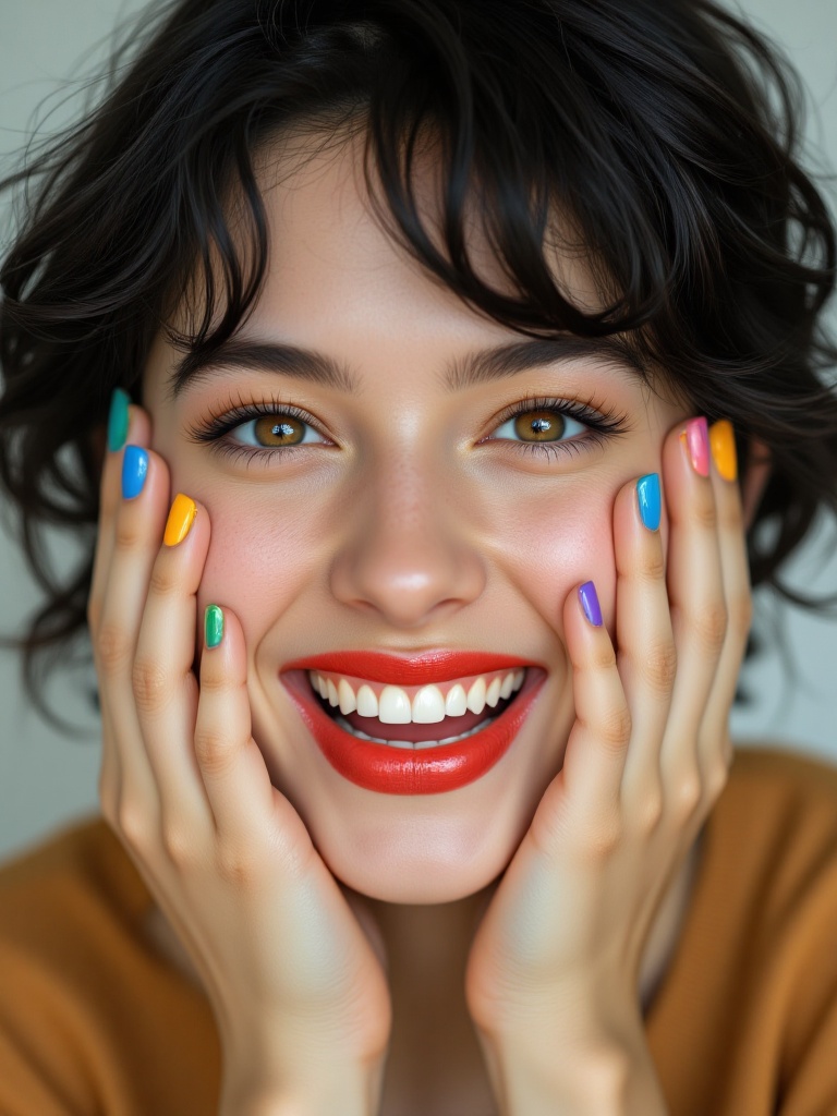 A highly detailed,  close-up portrait of a young woman with short,  wavy black hair and playful energy. She has a wide on...