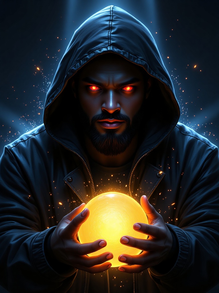A medium-sized illustration of a dark-skinned man with a dark beard and mustache,  dressed in a black hooded jacket. The m...