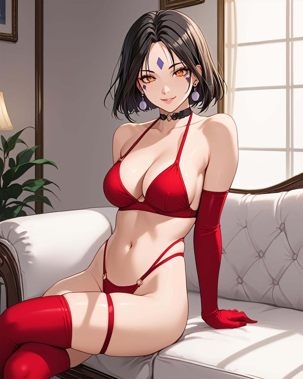 sit on the sofa,  an evil smile,  sexy posture on Tensor.Art