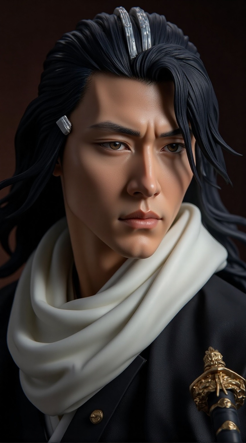 A realistic close-up of a man dressed as Kuchiki Byakuya from *Bleach*: His sharp,  well-defined facial features are accen...