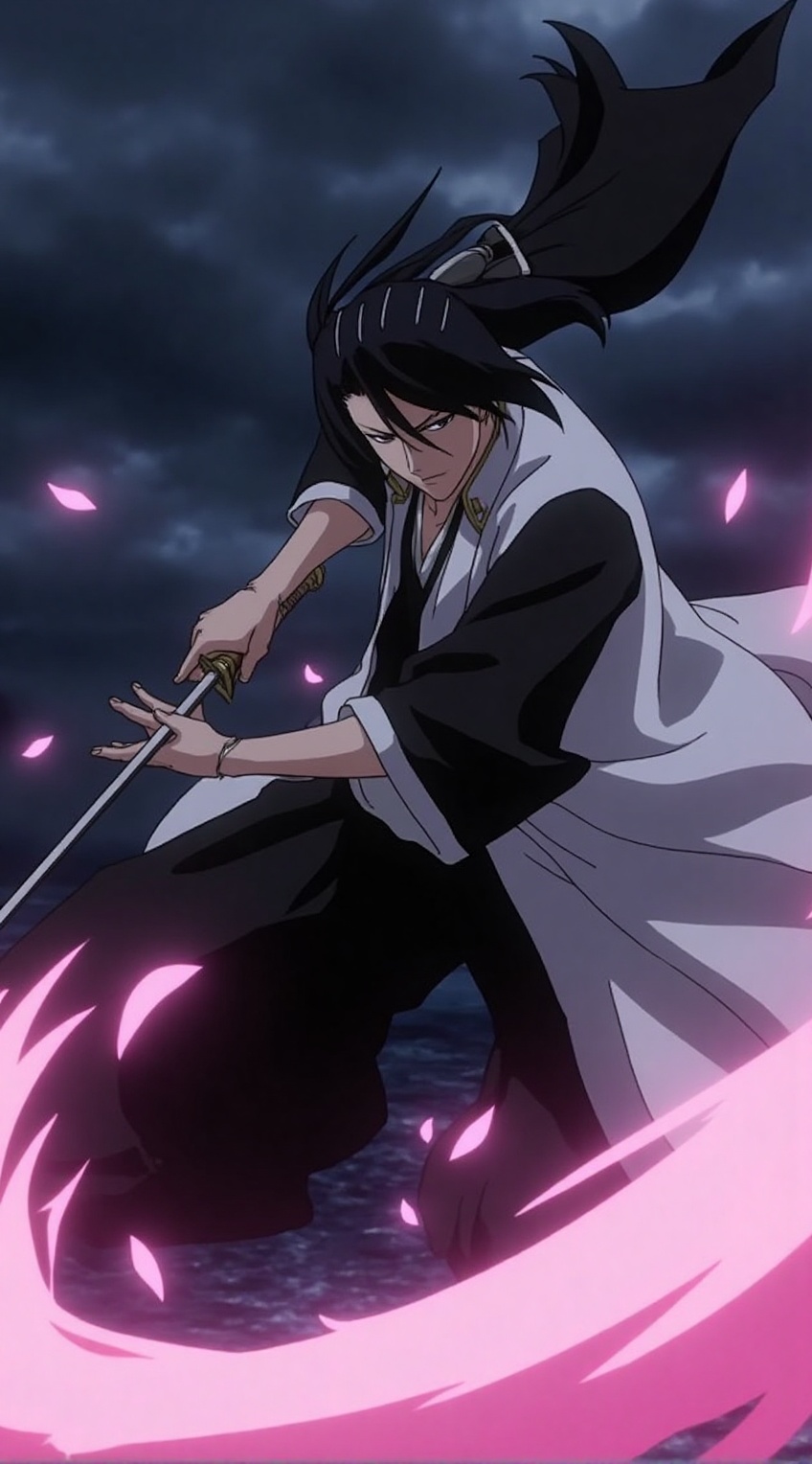 Close-up action shot of Byakuya Kuchiki,  elegant sword swing,  Senbonzakura petals swirling on Tensor.Art