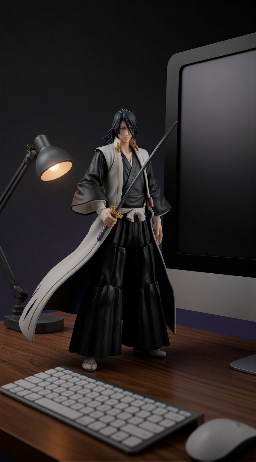 A realistic portrayal of a Kuchiki Byakuya figure from Bleach displayed on a desk: The figure stands proudly on a sleek wo...