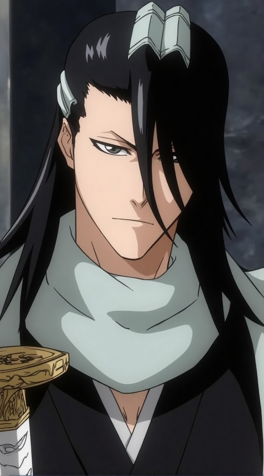 An upperbody portrait of Kuchiki Byakuya from Bleach: His sharp,  well-defined facial features are accentuated by the soft...