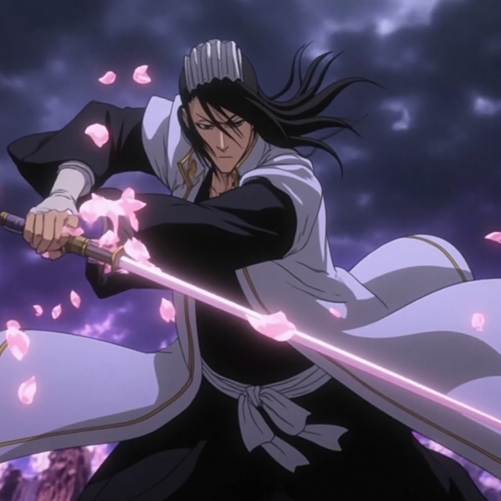 Close-up action shot of Byakuya Kuchiki,  elegant sword swing,  Senbonzakura petals swirling on Tensor.Art