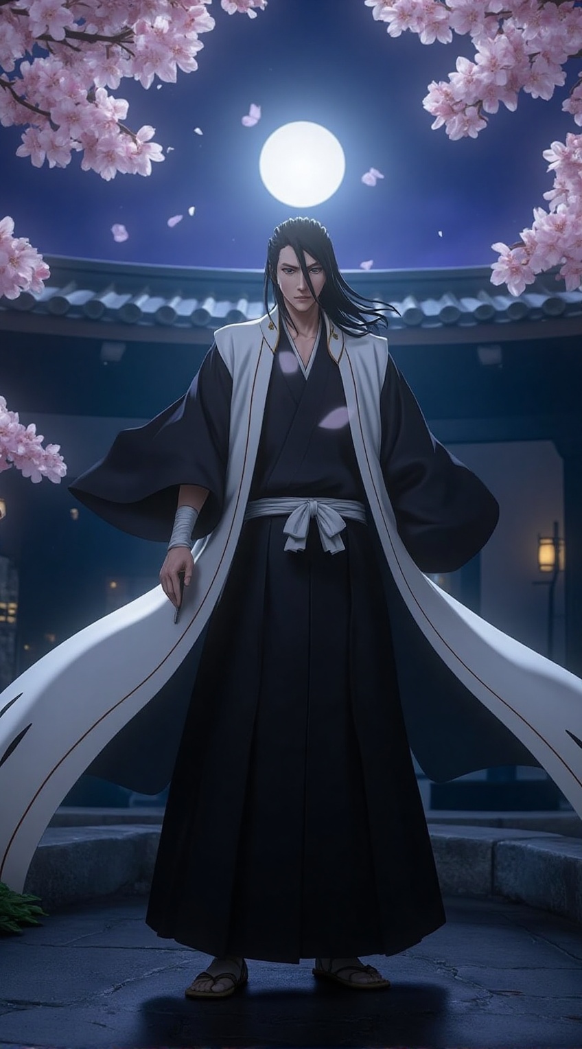 A realistic portrayal of Kuchiki Byakuya from "Bleach": He stands in a tranquil Japanese garden under the pale moonlight,...