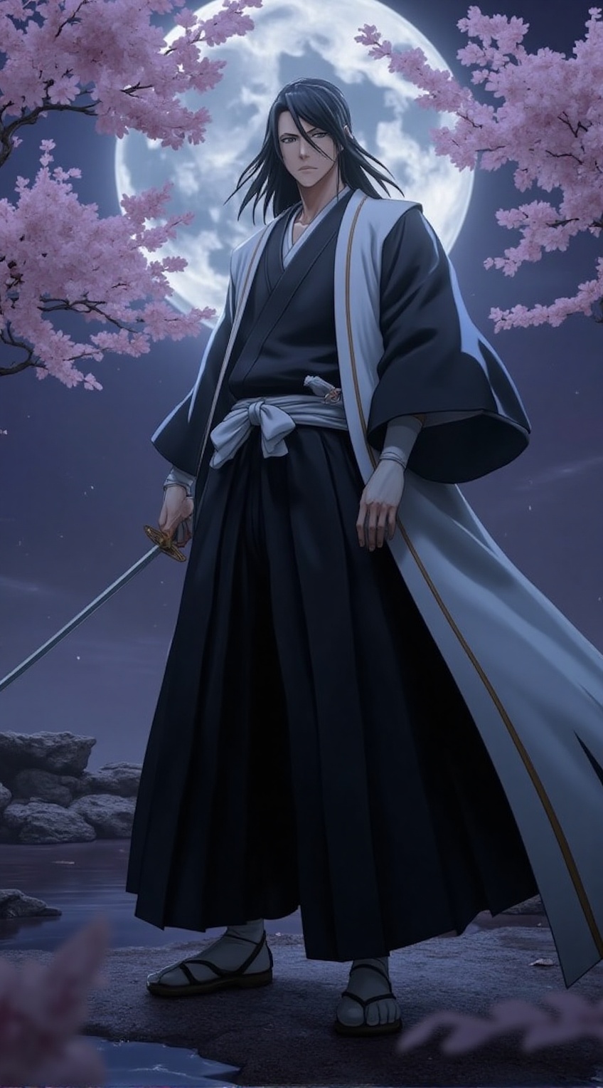 A realistic portrayal of Kuchiki Byakuya from "Bleach": He stands in a tranquil Japanese garden under the pale moonlight,...