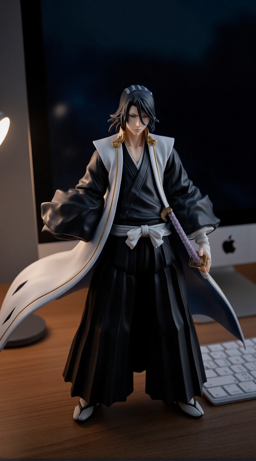 A realistic portrayal of a Kuchiki Byakuya figure from Bleach displayed on a desk: The figure stands proudly on a sleek wo...