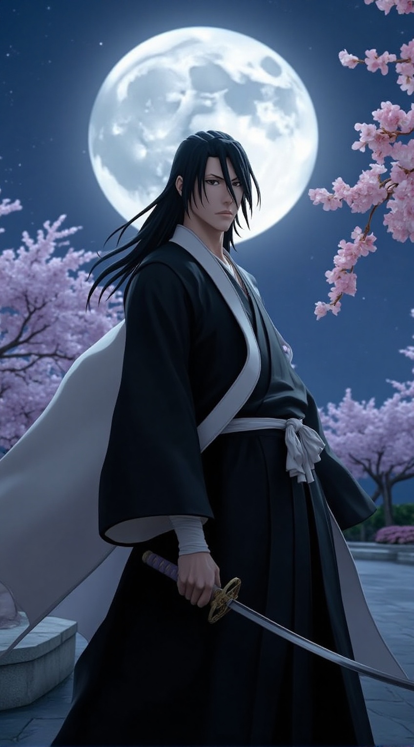 A realistic portrayal of Kuchiki Byakuya from "Bleach": He stands in a tranquil Japanese garden under the pale moonlight,...
