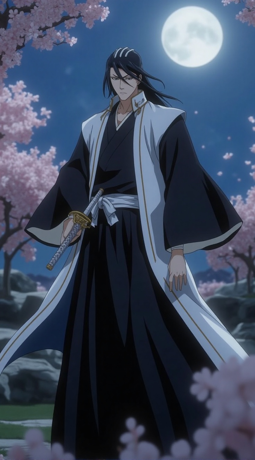 A realistic portrayal of Kuchiki Byakuya from "Bleach": He stands in a tranquil Japanese garden under the pale moonlight,...