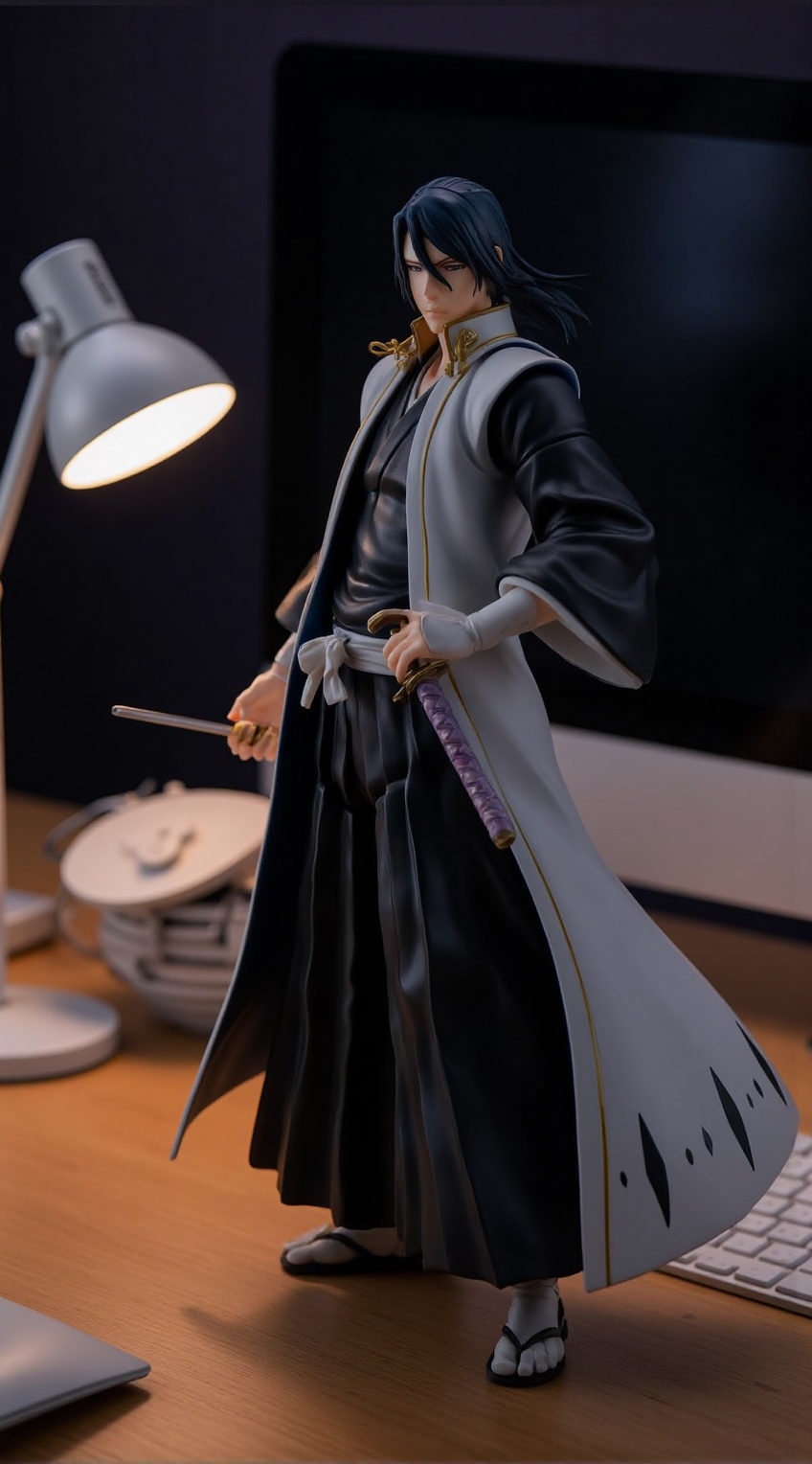 A realistic portrayal of a Kuchiki Byakuya figure from Bleach displayed on a desk: The figure stands proudly on a sleek wo...