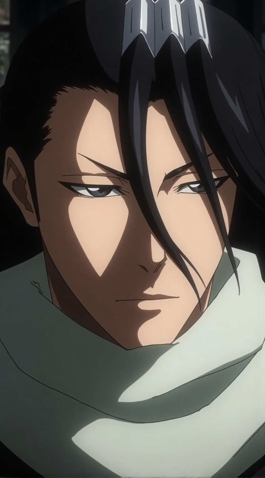 A realistic close-up of Kuchiki Byakuya from Bleach: His chiseled face is framed by long,  flowing black hair,  with a few...
