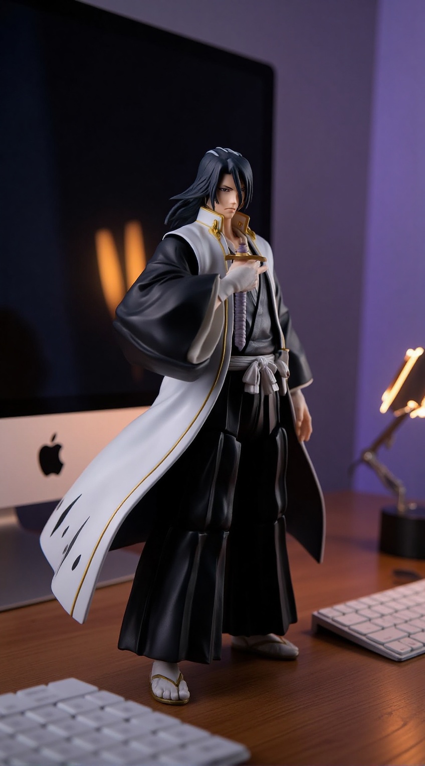 A realistic portrayal of a Kuchiki Byakuya figure from Bleach displayed on a desk: The figure stands proudly on a sleek wo...