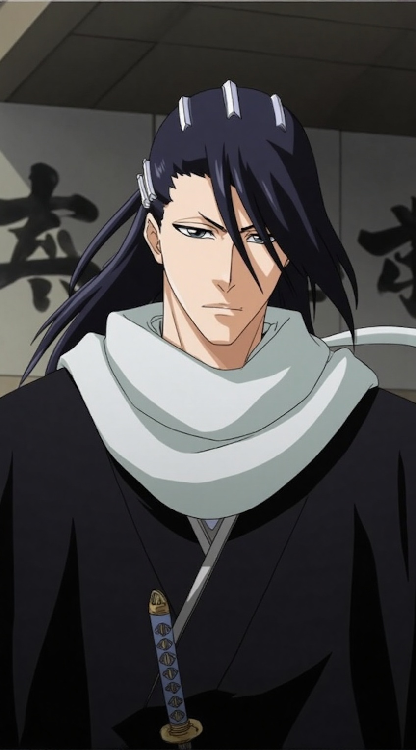 An upperbody portrait of Kuchiki Byakuya from Bleach: His sharp,  well-defined facial features are accentuated by the soft...