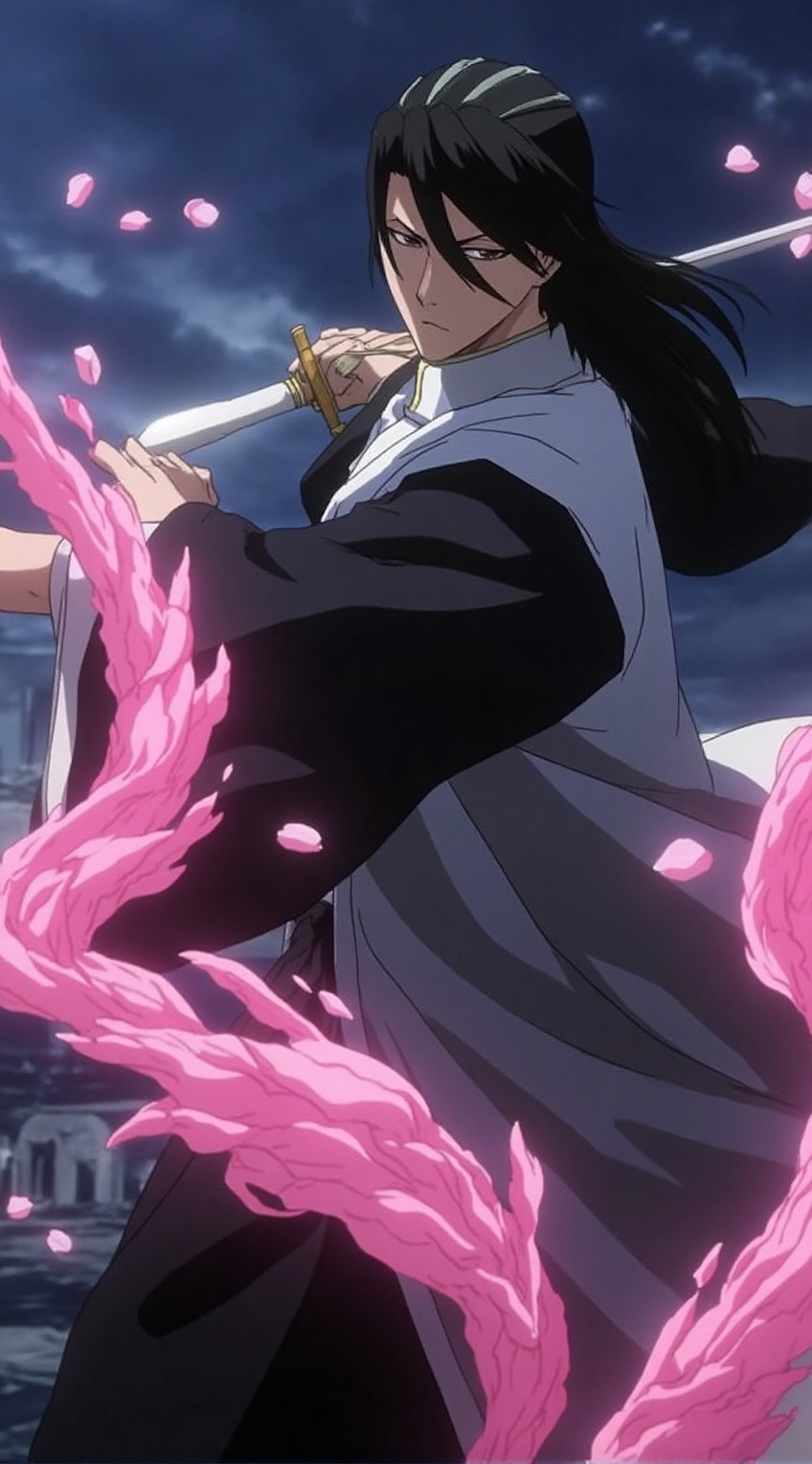 Close-up action shot of Byakuya Kuchiki,  elegant sword swing,  Senbonzakura petals swirling on Tensor.Art