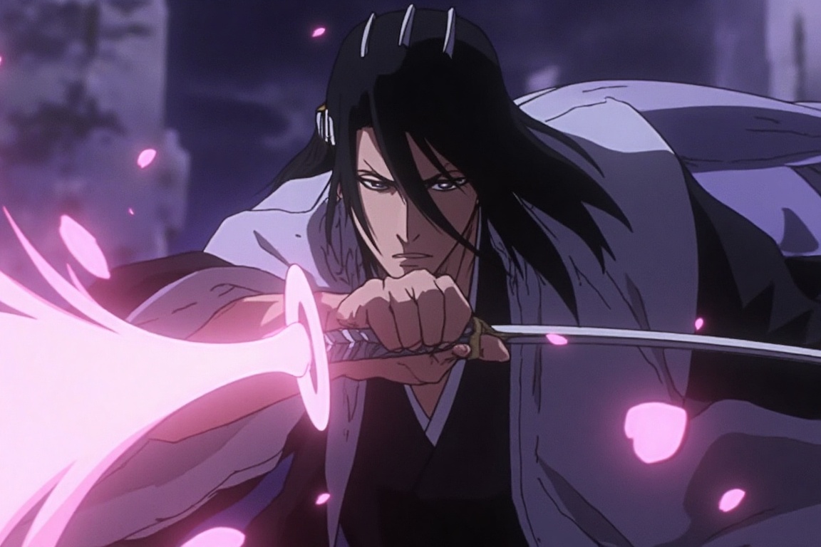 Close-up action shot of Byakuya Kuchiki,  elegant sword swing,  Senbonzakura petals swirling on Tensor.Art