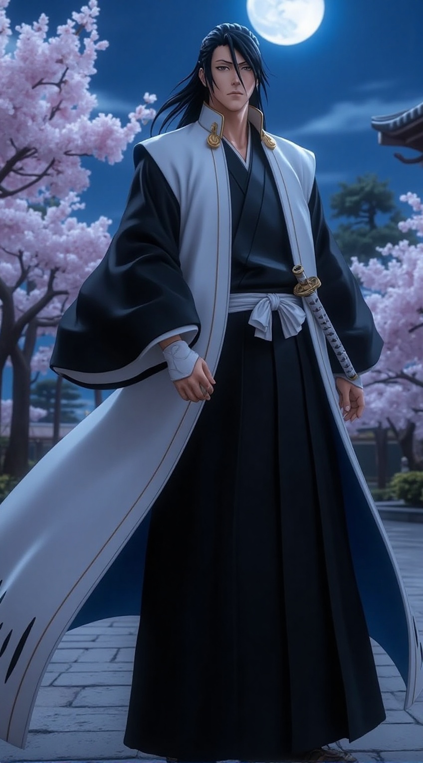 A realistic portrayal of Kuchiki Byakuya from "Bleach": He stands in a tranquil Japanese garden under the pale moonlight,...