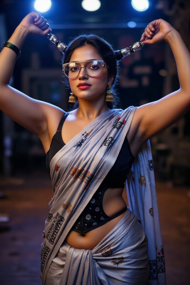 A high-fashion editorial shot of Nandhini,  a stunning Indian woman with caramel skin and dark expressive eyes,  wearing o...