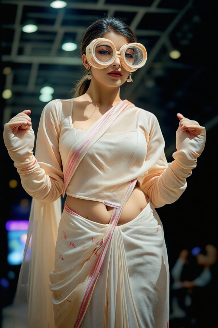 A high-fashion editorial shot of Nandhini,  a stunning Indian woman with caramel skin and dark expressive eyes,  wearing o...