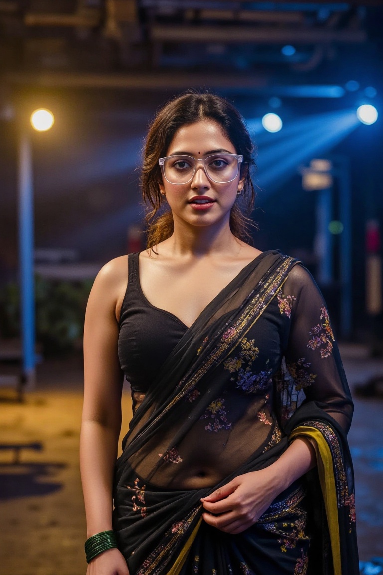 A high-fashion editorial shot of Nandhini,  a stunning Indian woman with caramel skin and dark expressive eyes,  wearing o...