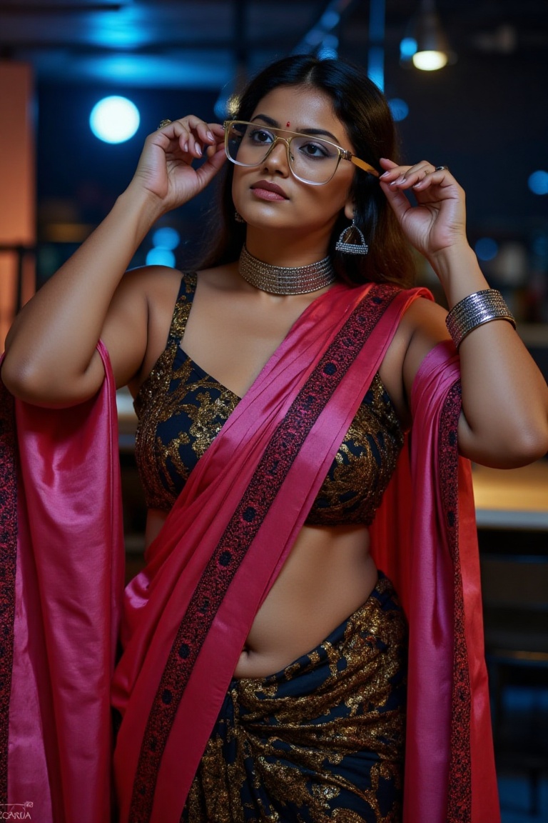 A high-fashion editorial shot of Nandhini,  a stunning Indian woman with caramel skin and dark expressive eyes,  wearing o...