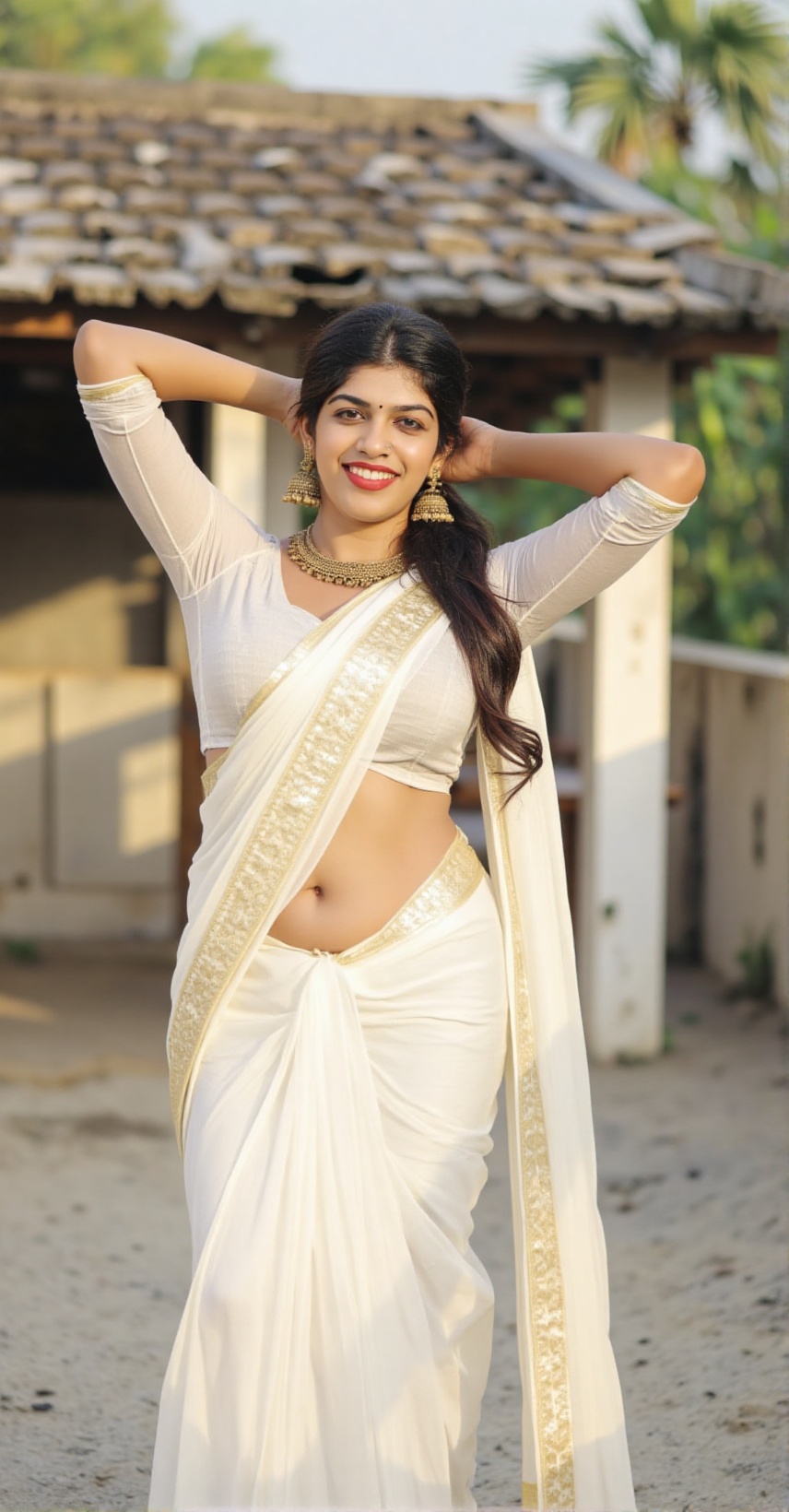 Ultra-realistic,  high-definition cinematic portrait of a stunning young Indian woman in a traditional white and gold sare...