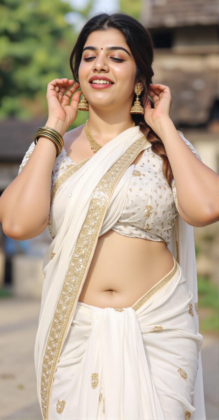 Ultra-realistic,  high-definition portrait of a young Indian woman in a traditional white and gold saree,  standing outdoo...