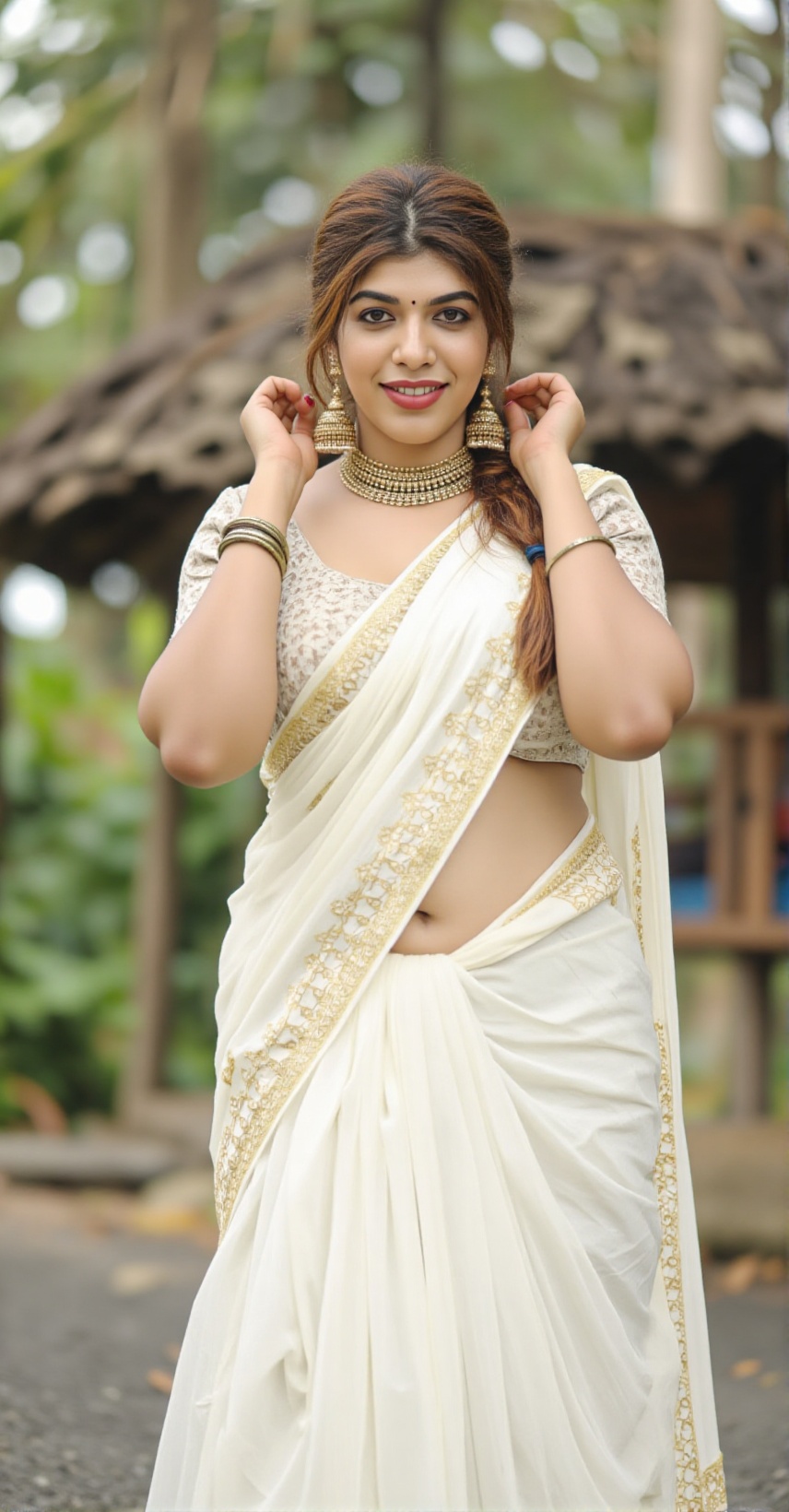 Ultra-realistic,  high-definition portrait of a young Indian woman in a traditional white and gold saree,  standing outdoo...