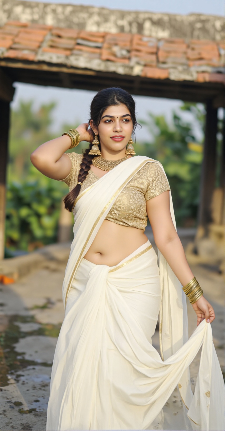 Ultra-realistic,  high-definition cinematic portrait of a stunning young Indian woman in a traditional white and gold sare...