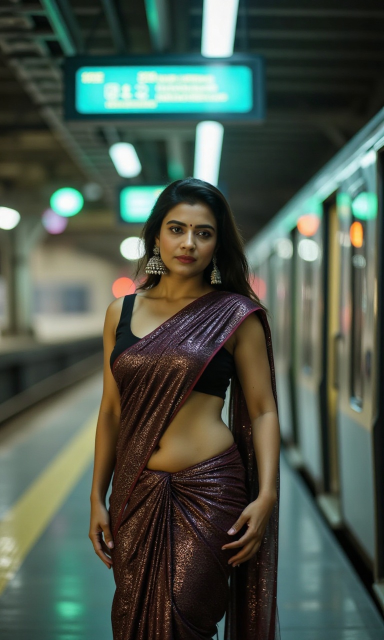 A stylish and bold woman with a chiseled,  muscular body,  wearing a shimmering high-tech saree that catches the ambient l...