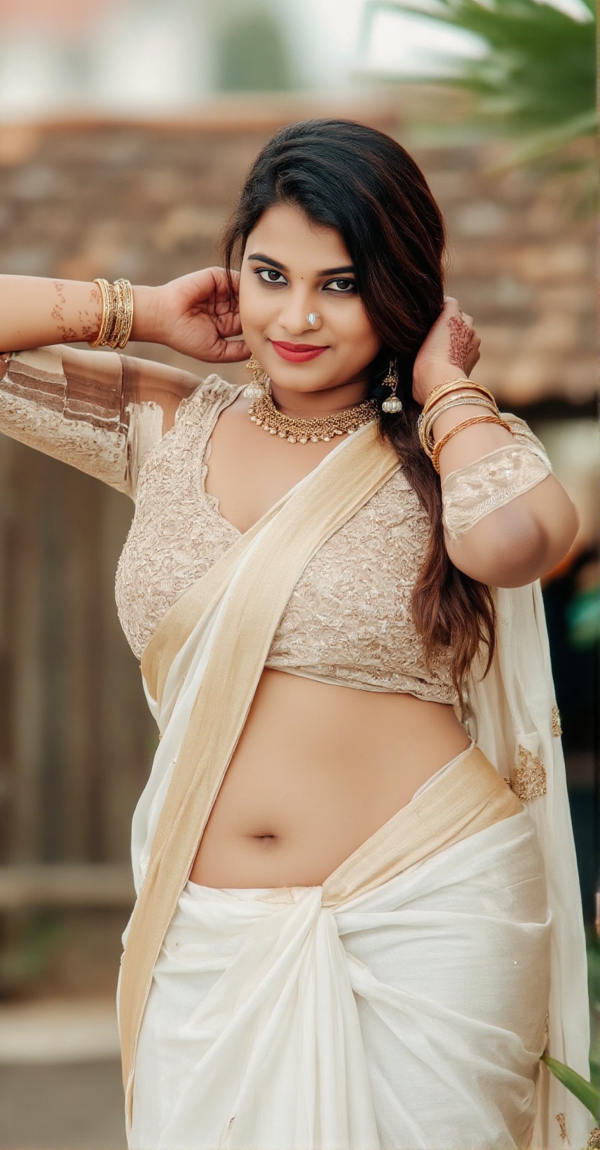 Ultra-realistic,  high-definition portrait of a young Indian woman in a traditional white and gold saree,  standing outdoo...