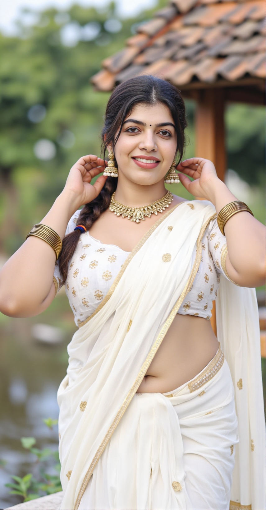 Ultra-realistic,  high-definition portrait of a young Indian woman in a traditional white and gold saree,  standing outdoo...