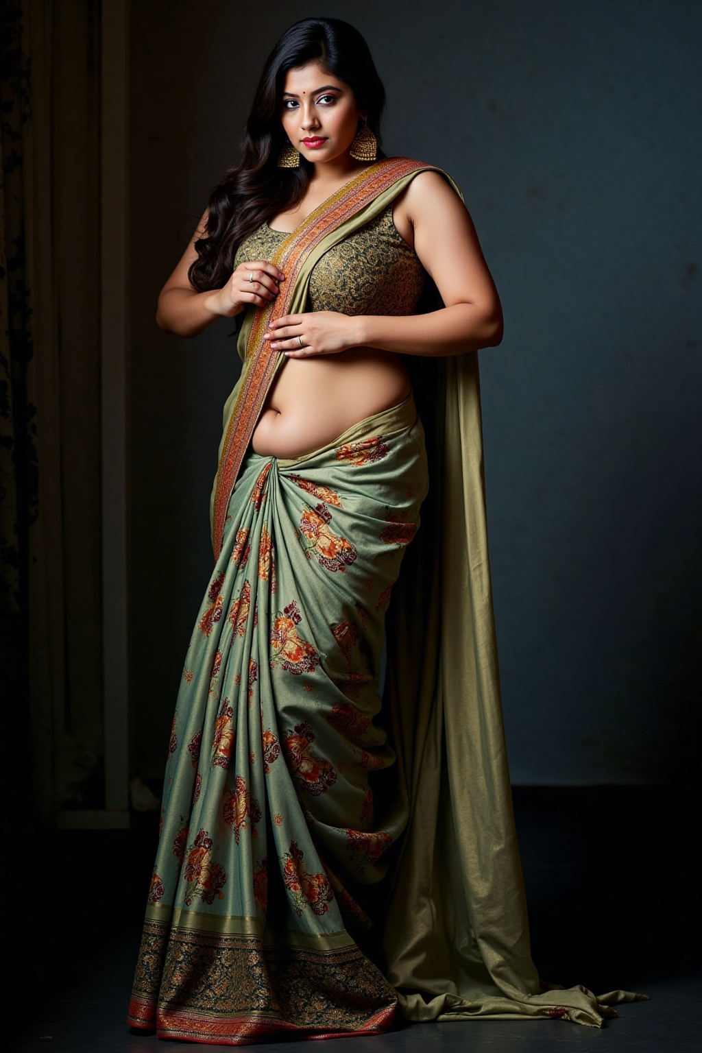 A stylish and bold modern woman with a chiseled,  muscular body,  wearing a designer saree with intricate embroidery and a...
