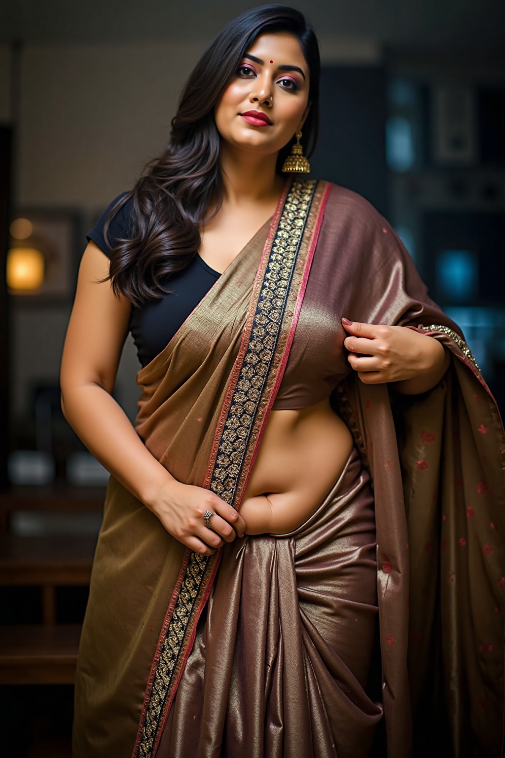 A stylish and bold modern woman with a chiseled,  muscular body,  wearing a designer saree with intricate embroidery and a...