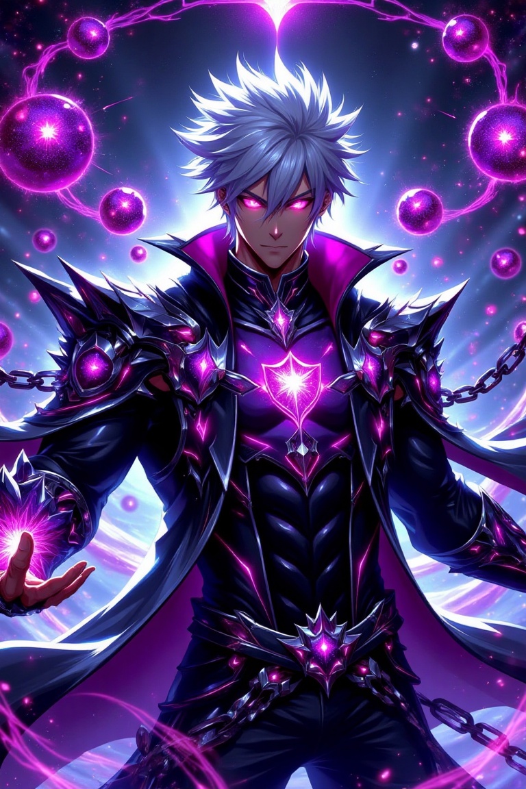"Create an anime-style illustration of a muscular young male character with spiky white hair,  glowing purple eyes,  and a...